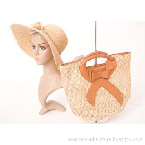 Leather Trim Beige Raffia Beach Bag With Bowknot , Leather